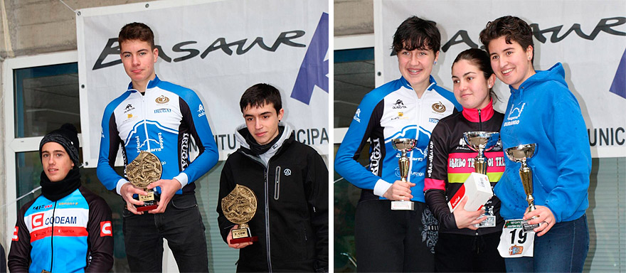 Bereziartua, Fernández y Gallastegi, en sus respectivos podios (fotos: Mugarra Triatloi Taldea)