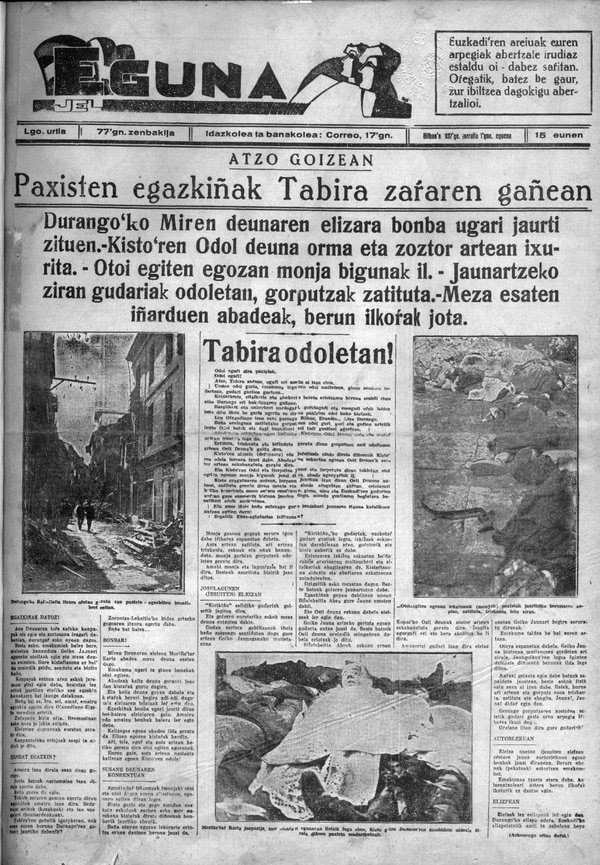 La portada del periódico 'Eguna' al día siguiente del bombardeo de Durango.