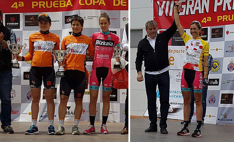 A la izquierda, podio de la prueba élite con Lise Oliver en el tercer puesto. a la derecha, Mavi García sigue líder de la Montaña en la Copa (fotos: Bizkaia-Durango)