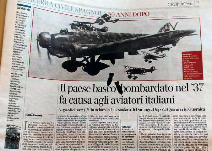 La prensa italiana se hace eco de la querella presentada por Durango por los bombardeos de 1937