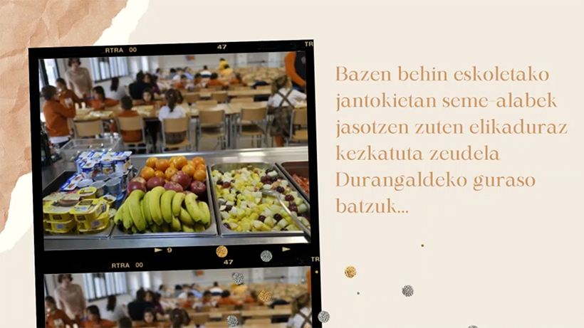 Eskoletako jantokietan bertoko eta sasoiko produktuekin elikatzeko kantua egin du Berton Bertokoak