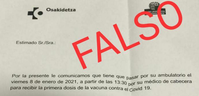 Osakidetza alerta de “cartas falsas” para administrar la vacuna